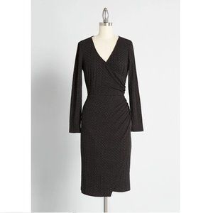NWT ModCloth Knit on the Town Faux-Wrap Dress in Textured Black Size M
